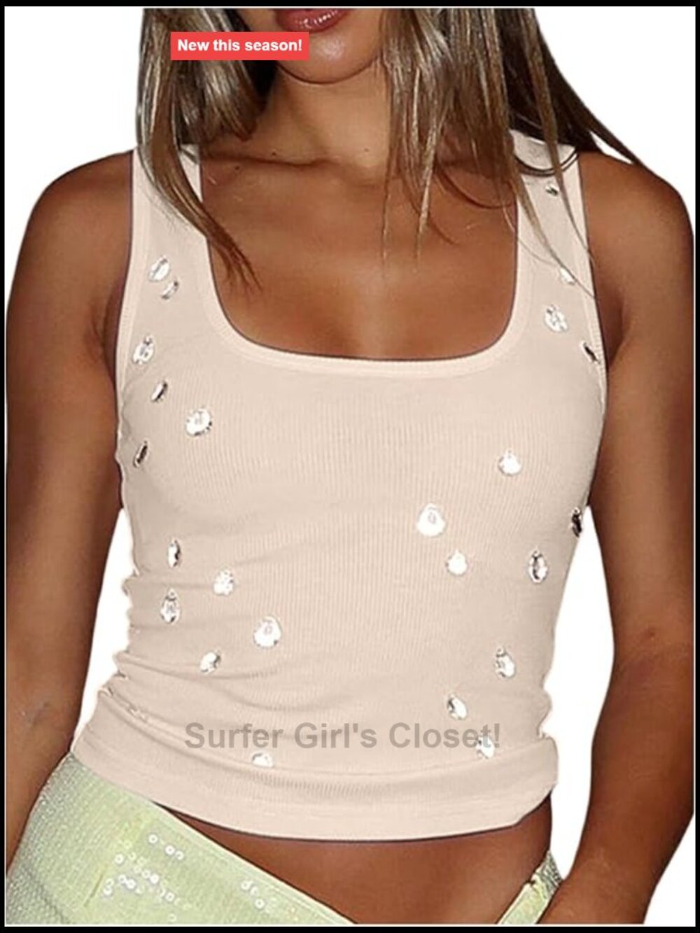 SweatyRocks Rhinestone Square Neck Crop Tank Top Slim Fit Sparkle